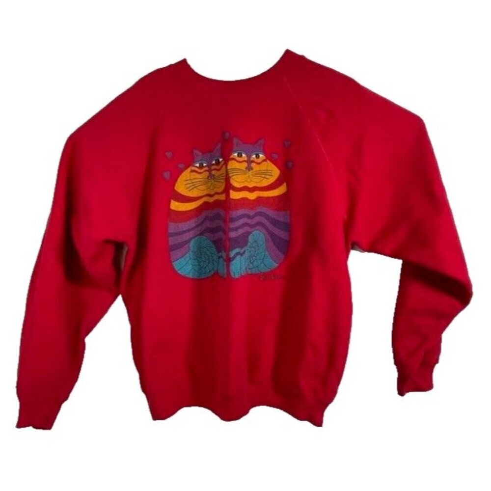 VTG Laurel Burch Adult Red Trippy Rainbow Twin Cats Sweatshirt Sz XL